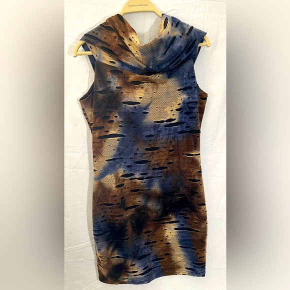 Samuel Dong Distressed Adjustable Bodycon Dress Size L Black,Brown, Blue & Tan - Picture 3 of 6